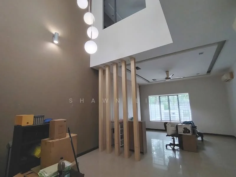 Living features: high ceiling, large windows, cream painted walls, white ceiling, 5-blade ceiling fan, hanging pendant lights, polished tile flooring, wooden partition, open layout, natural light; style: modern.