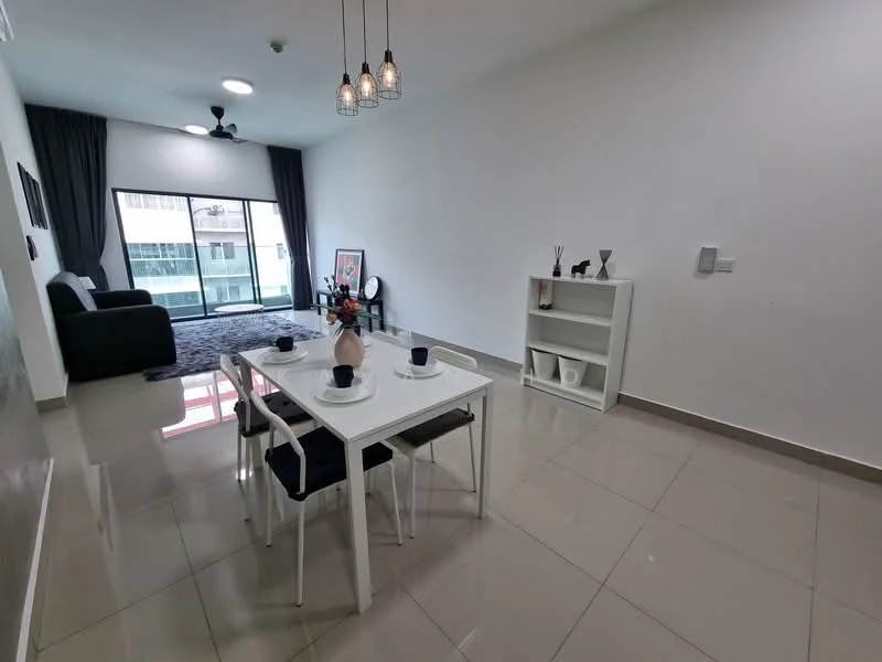 Dining features: white dining table, 4 dining chairs in black, decorative vase on table, table setting with plates and cutlery, pendant lighting fixture, grey area rug, floor-to-ceiling windows, sliding glass door, black sofa in living area, curtains in dark grey, light grey walls, glossy tile flooring; style: modern; view: city.