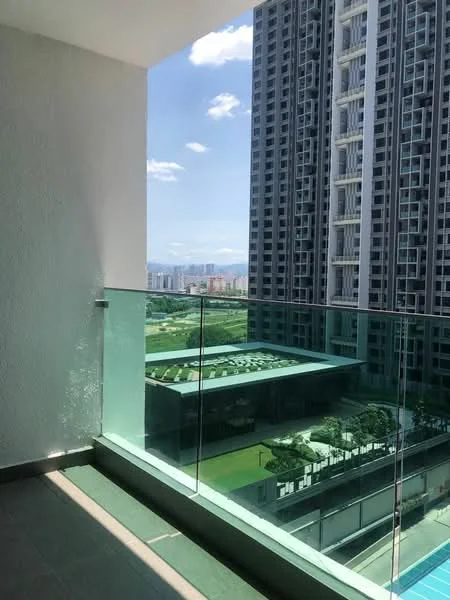 Room features: glass railing, tile flooring, city view, outdoor space, balcony, sunlight exposure, high-rise building view, green landscape view; style: modern; view: city.