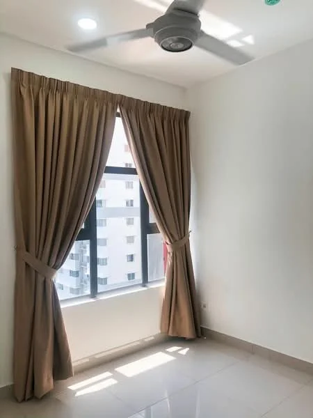Room features: floor-to-ceiling window, brown curtains, white painted walls, ceiling fan, glossy tile flooring, natural light from window; style: modern; view: city.