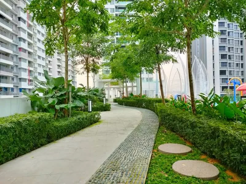 Exterior type: landscape garden; features: paved walkway, manicured hedges, mature trees, tropical landscaping, decorative stone path, greenery on both sides, play area visible in background; style: modern.