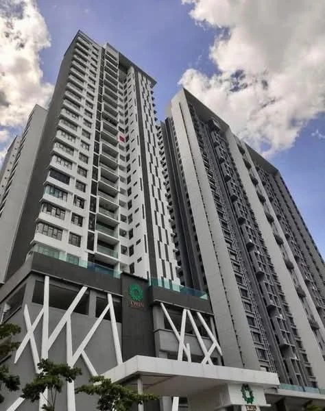 Exterior type: high-rise condominium; features: glass curtain wall, white painted facade, grey accent panels, recessed balconies, feature lighting, approximately 20-storey high-rise, manicured landscaping at base, modern architectural design; style: modern.