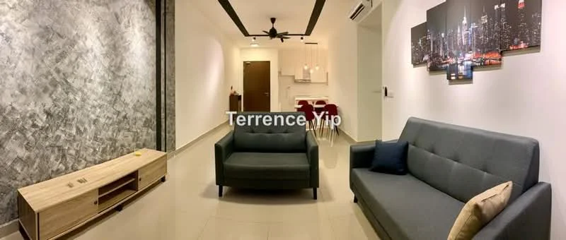 Living features: grey fabric 3-seater sofa, green fabric armchair, wooden TV console, exposed concrete accent wall, white painted walls, recessed downlights, ceiling fan, cream tiled flooring, decorative wall art, open layout to kitchen and dining area; style: modern.