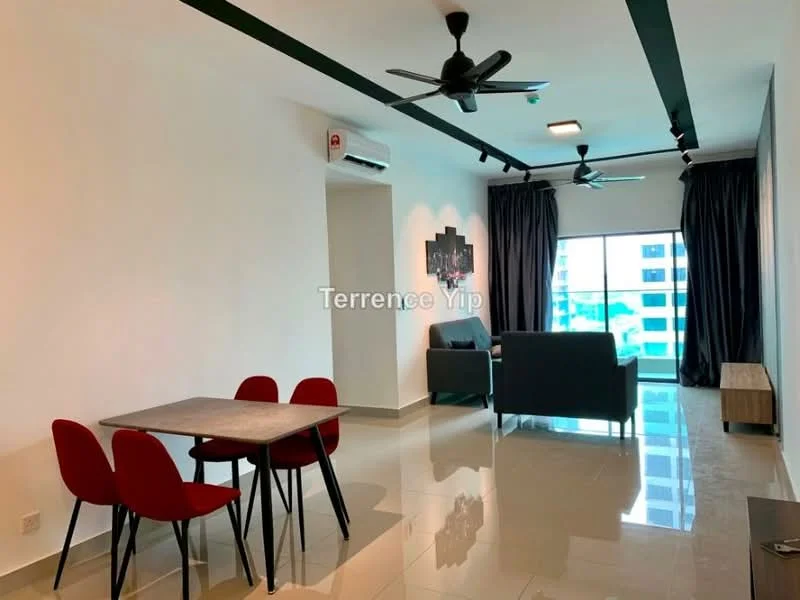 Living features: grey fabric sofa, 4-seater dining table with black legs, red upholstered dining chairs, floor-to-ceiling windows, blackout curtains, white painted walls, recessed LED downlights, 2-blade ceiling fans, polished tile flooring, TV console, decorative wall art; style: modern; view: city.