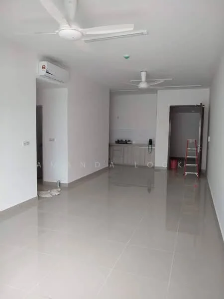 Living features: white painted walls, polished ceramic tile flooring, 2 ceiling fans, 1 wall-mounted split AC, open layout, kitchenette area visible, doorway leading to another room, ladder, neutral color scheme; style: modern.