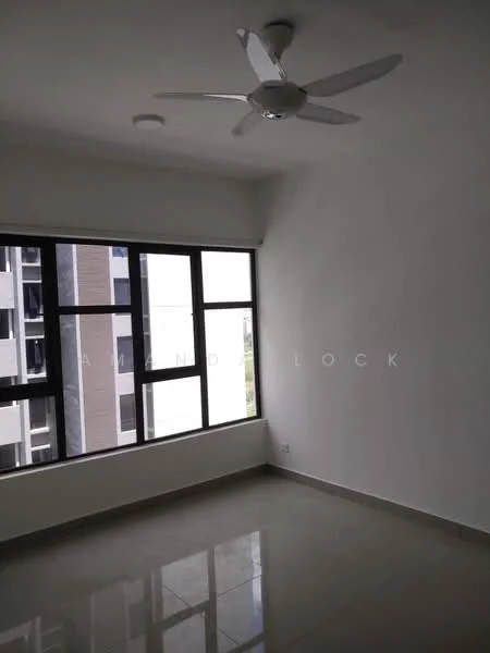 Room features: white painted walls, polished tile flooring, 5-blade ceiling fan, floor-to-ceiling windows, natural light from windows, window treatments not visible; style: modern; view: city.