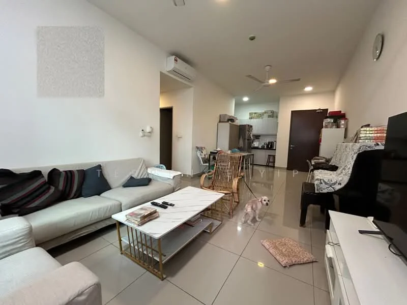 Living features: light grey fabric 3-seater sofa, beige fabric armchair, white marble coffee table with gold legs, flat-screen TV on white TV console, dark wooden piano, white wall-mounted clock, recessed ceiling lights, ceiling fan, grey tiled flooring, decorative throw pillows, area rug, pet bed, open kitchen area visible in background; style: modern.