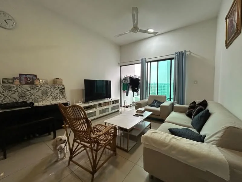 Living features: light grey walls, white ceiling, 5-blade ceiling fan, floor-to-ceiling windows, sliding glass door, light-colored sofa, 3-seater fabric sofa, 2-seater fabric sofa, wooden coffee table, rattan chair, black TV console, wall-mounted TV, decorative wall clock, curtains, tile flooring; style: modern; view: city.