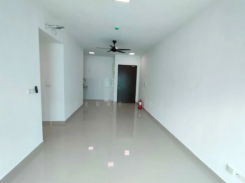 Room features: white painted walls, glossy ceramic tile flooring, ceiling fan, recessed downlights, fire extinguisher, open layout, kitchen area visible in background; style: modern.