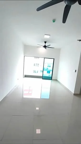 Living features: white painted walls, polished ceramic tile flooring, 5-blade ceiling fan with light, floor-to-ceiling sliding glass door, natural light from large window, recessed ceiling lights; style: modern.