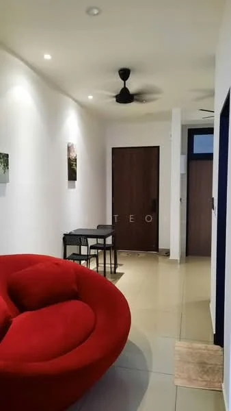 Living features: red fabric sofa, black dining table, 4 black dining chairs, white painted walls, recessed downlights, ceiling fan, floor tiles, wooden door, door mat; style: modern.