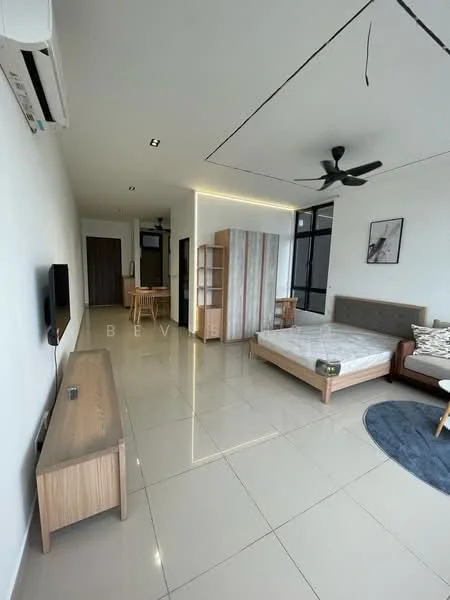 Room features: white painted walls, polished ceramic tile flooring, tray ceiling with recessed lighting, 5-blade ceiling fan, floor-to-ceiling windows, wooden bed frame, mattress on bed frame, wooden TV console, light wood shelving unit, round area rug, upholstered sofa, dining table with chairs; style: modern.