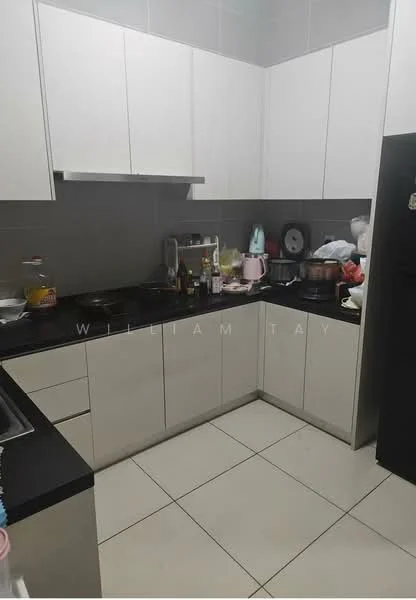 Kitchen features: white flat-panel cabinets, black granite countertop, stainless-steel sink, chrome pull-down faucet, built-in stove, microwave, kettle, rice cooker, multiple cooking pots, dishwasher, ceramic tile flooring, grey tiled backsplash, refrigerator, wall-mounted range hood; style: modern.
