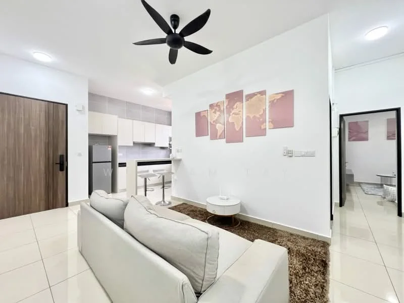 Living features: 3-seater fabric sofa in light grey, coffee table, area rug with neutral color, ceiling fan with 5 blades, wall-mounted artwork with world map, recessed downlights, tile flooring, open layout to kitchen, sliding door to hallway; style: modern. Kitchen features: white cabinetry, stainless-steel fridge, built-in oven, countertop with bar seating, ceramic tile backsplash, recessed downlights; style: modern.