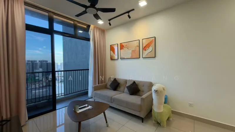 Living features: 3-seater fabric sofa in beige, wooden coffee table, floor-to-ceiling windows, balcony access, light-colored walls, recessed LED downlights, ceiling fan, decorative artwork on walls, curtains, tile flooring; style: modern; view: city.