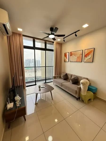 Living features: 3-seater fabric sofa in beige, wooden coffee table, wall-mounted TV, floor-to-ceiling windows, sliding glass door, sheer curtains, 5-blade ceiling fan with light, decorative artwork on walls, tile flooring, air conditioning unit; style: modern; view: city.