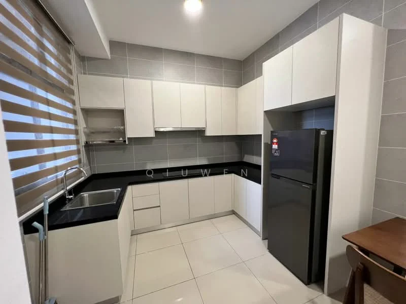 Kitchen features: white flat-panel cabinets, black countertop, stainless-steel sink, chrome pull-down faucet, built-in oven, freestanding fridge in black, ceramic tile flooring, grey tiled backsplash, window with horizontal blinds, under-cabinet lighting; style: modern.
