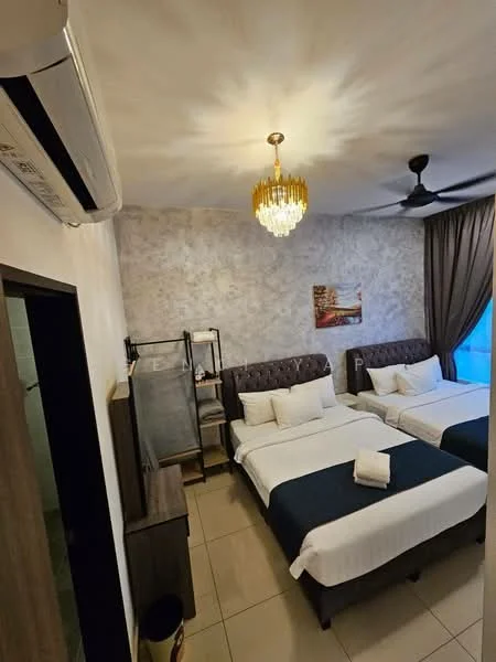 Bedroom features: two single beds with upholstered headboards, white bedding with navy blue throw blankets, chandelier light fixture, 5-blade ceiling fan, wall-mounted air conditioning unit, decorative wall with textured finish, curtains in a neutral color, nightstand with lamp, open shelving unit, framed artwork on wall, tile flooring; style: modern.