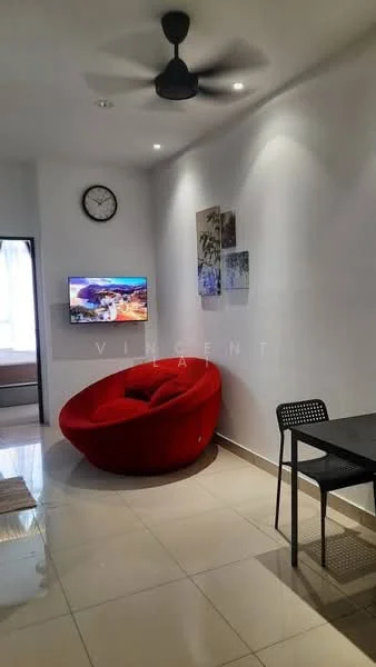 Living features: red fabric accent chair, black dining table with four legs, wall-mounted TV, clock on wall, framed artwork on wall, white painted walls, recessed downlights, ceiling fan; style: modern.