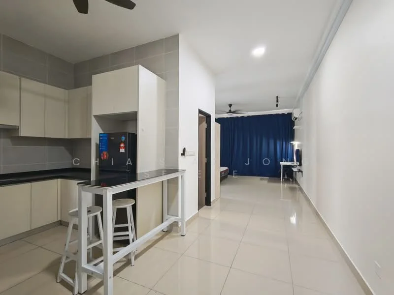 Kitchen features: white cabinetry, black countertop, stainless-steel fridge, built-in oven, 4-burner gas hob, single-bowl stainless-steel sink, chrome pull-down faucet, tile backsplash, pendant light, 2 high stools, open layout, ceramic tile flooring; style: modern. Living features: sofa, desk with chair, ceiling fan, wall-mounted AC unit, blue curtains, light-colored walls, ceramic tile flooring; style: modern.