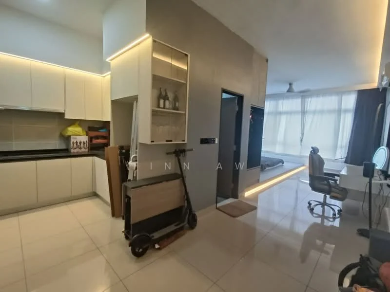 Kitchen features: white cabinetry, black countertop, stainless-steel sink, built-in oven, ceramic tile flooring, recessed downlights; style: modern. Living features: floor-to-ceiling windows, grey wall, white walls, ceiling fan, study desk, office chair, area rug, light-colored flooring; style: modern.