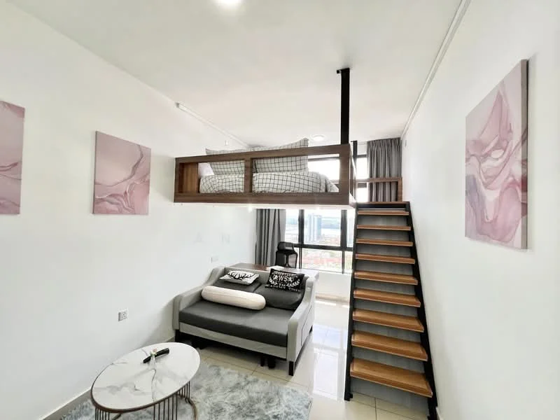 Living features: grey fabric sofa, decorative cushions, round coffee table, area rug with geometric pattern, wall-mounted artwork with abstract design, staircase with wooden steps, lofted bed area with wooden railing, large windows with city view, white painted walls, tile flooring, recessed downlights; style: modern; view: city.