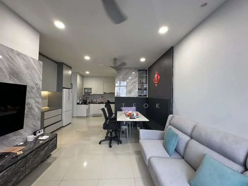 Living features: grey fabric sofa, light blue cushions, coffee table, wall-mounted TV, marble accent wall, recessed downlights, ceiling fan, tile flooring, open layout to kitchen, dining table with chairs; style: modern. Kitchen features: white cabinetry, stainless-steel fridge, built-in oven, ceramic cooktop, black countertop, open shelving, tile backsplash, recessed lighting; style: modern.