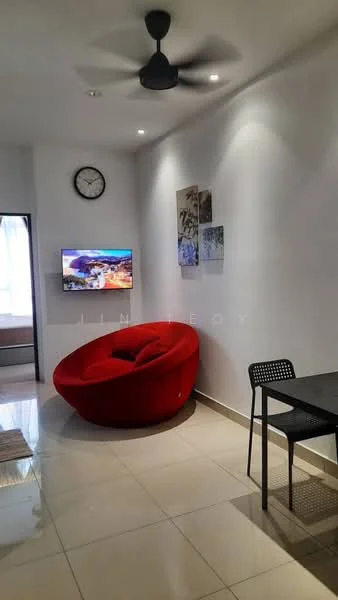 Living features: red circular armchair, wall-mounted TV, black dining table with chairs, clock on the wall, white painted walls, glossy tile flooring, ceiling fan, decorative wall art; style: modern.
