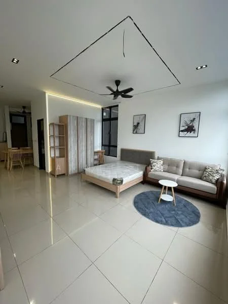 Living features: cream painted walls, white ceiling, 5-blade ceiling fan with light, large windows with black frames, grey fabric sofa, wooden bed frame, mattress on bed frame, round white coffee table, blue area rug, wooden dining table with chairs, built-in wardrobe, tile flooring; style: modern.
