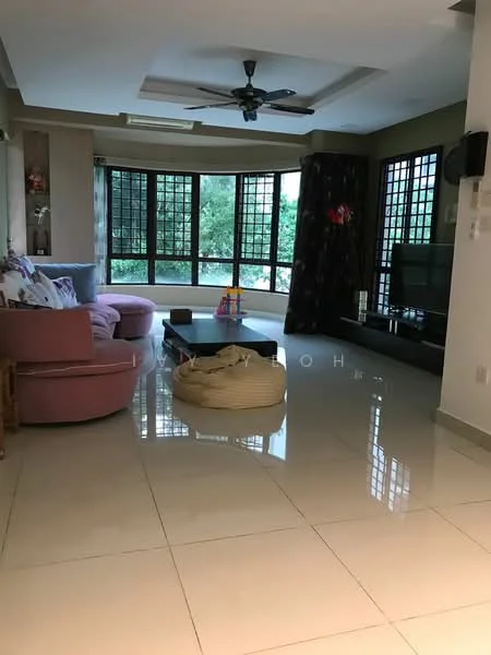 Living features: 3-seater fabric sofa in pink, 2-seater fabric sofa in grey, coffee table, TV console, wall-mounted TV, floor-to-ceiling windows, ceiling fan, polished ceramic tile flooring, decorative wall with built-in shelving, curtains, area rug; style: contemporary; view: garden.