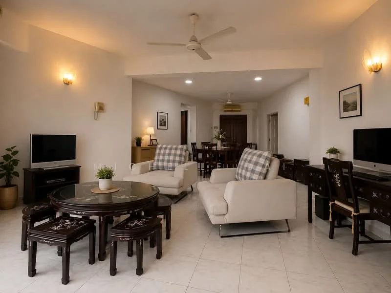 Living features: 2-seater fabric sofa in white, 3-seater fabric sofa in white, coffee table with round glass top, 4 wooden stools, wall-mounted TV, floor-mounted TV console, decorative wall art, ceiling fan with light, recessed downlights, white painted walls, ceramic tile flooring, potted plant; style: contemporary. Dining features: 6-seater wooden dining table, wooden dining chairs, decorative wall art, white painted walls, ceramic tile flooring; style: contemporary.