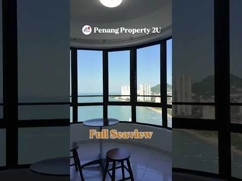 Room features: floor-to-ceiling windows, round table, 4 wooden chairs, white tiled flooring, curved ceiling, sea view, city skyline view, natural light; style: modern; view: sea.