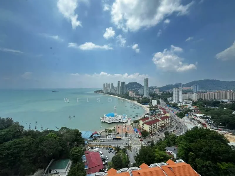 Exterior type: high-rise condominium; features: sea view, city skyline, surrounded by greenery, waterfront, urban context, multiple high-rise buildings, beachfront, road access; style: modern.