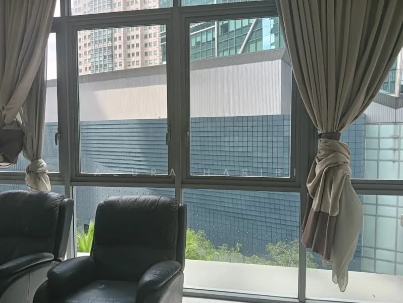 Room features: floor-to-ceiling windows, sheer curtains, blackout curtains, two leather armchairs, city skyline view; view: city.