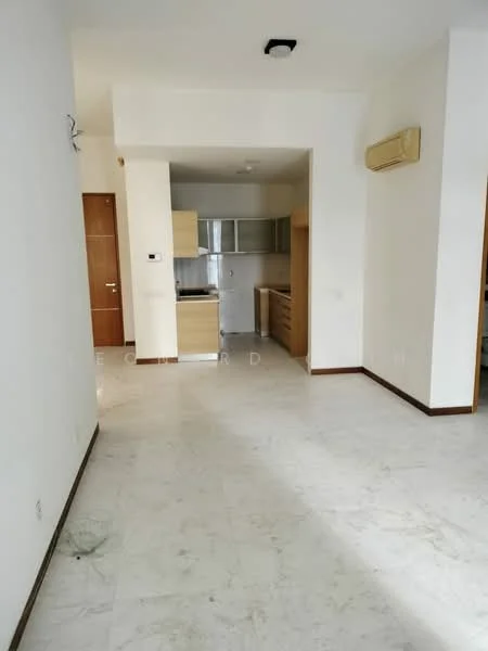Room features: white painted walls, marble tile flooring, kitchen cabinetry in light wood, stainless-steel sink, built-in kitchen appliances, wall-mounted split AC, recessed ceiling lights, open layout, window with natural light; style: modern.