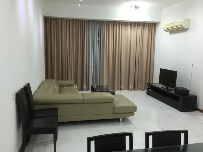 Living features: L-shape sectional sofa in beige, marble tile flooring, floor-to-ceiling windows, sheer curtains, recessed downlights, wall-mounted TV, TV console in dark wood, 1 wall-mounted split AC; style: modern.