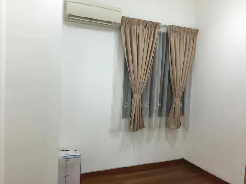 Room features: white painted walls, wooden flooring, floor-to-ceiling window, sheer curtains, beige curtains, 1 wall-mounted split AC.