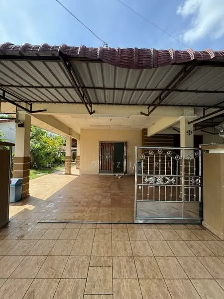 Exterior type: detached bungalow; features: covered porch with metal roofing, tiled flooring, metal gate, exterior wall with cream paint, landscaped garden area, visible outdoor space, single-storey structure, front entrance door, windows with metal grilles; style: modern.