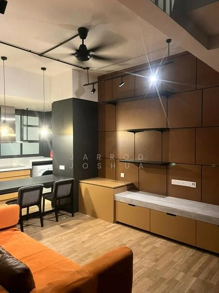 Living features: orange fabric sofa, wooden flooring, black ceiling fan with light, recessed LED downlights, built-in cabinetry with brown finish, open shelving, dining table with two chairs, kitchen area with countertop, white marble countertop, black accent wall, appliances visible in kitchen area; style: modern.