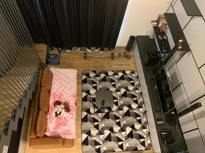Living features: brown leather sofa, pink blanket with character design, geometric area rug, wooden flooring, black curtains, coffee table, wall-mounted TV, entertainment unit, decorative shelving, dumbbells, flooring with light wood finish; style: modern.