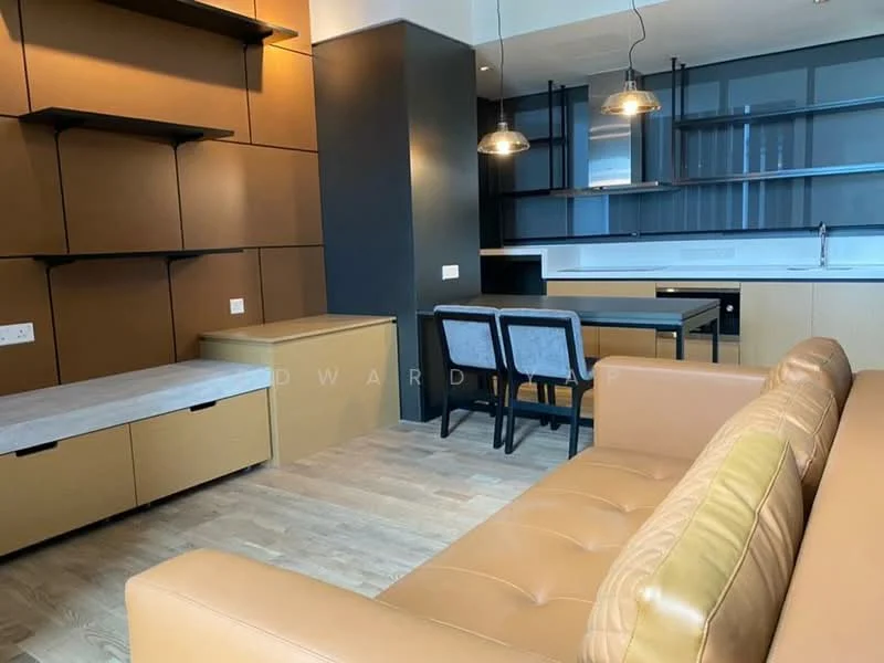 Living features: brown leather sofa, wooden coffee table, black dining table, four dining chairs, open shelving unit with brown and black finish, kitchenette with white cabinetry, recessed lighting, wooden flooring; style: modern.