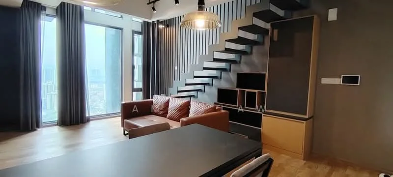 Living features: floor-to-ceiling windows, grey accent wall, wood flooring, 3-seater leather sofa in brown, pendant light, open shelving unit, black staircase with wooden steps, TV console, recessed downlights, curtains, decorative wall paneling; style: modern; view: city.