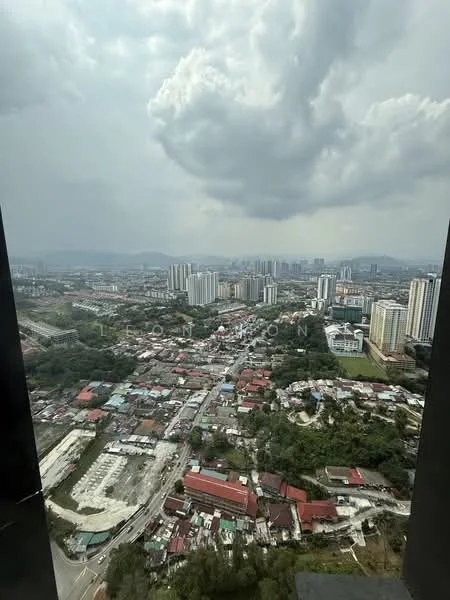 Exterior type: high-rise condominium; features: city skyline view, surrounded by urban landscape, visible residential buildings, mixed-use development, cloudy sky, high vantage point; style: modern.