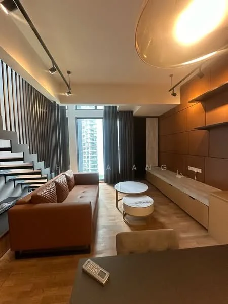 Living features: brown leather sofa, round coffee table, wooden TV console, wall-mounted shelving, floor-to-ceiling windows, curtains, wood panel accent wall, wooden flooring, recessed lighting, decorative wall lighting; style: modern; view: city.