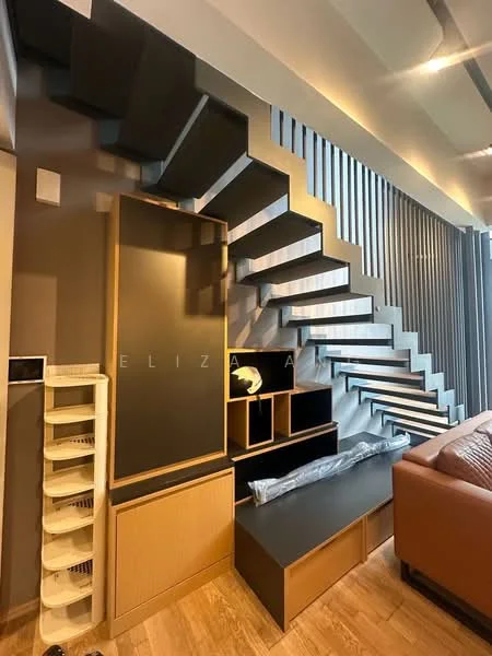 Living features: open shelving unit, black wall-mounted TV console, wooden storage cabinet, grey sofa, wooden flooring, staircase with floating steps, decorative wall paneling, ambient lighting; style: modern.