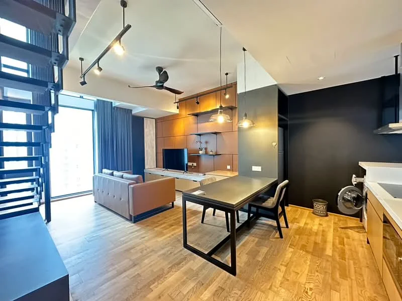 Living features: 3-seater leather sofa in brown, coffee table, wall-mounted TV, wooden flooring, 5-blade ceiling fan with light, recessed downlights, large floor-to-ceiling windows, curtains, wooden accent wall, black feature wall, dining table with 4 chairs, washer-dryer combo, open-plan layout; style: modern; view: city.