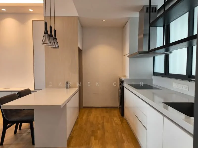 Kitchen features: white cabinetry, grey quartz countertop, single-bowl stainless-steel sink, chrome pull-down faucet, built-in oven, freestanding washing machine, black framed windows, wooden flooring, pendant lighting, open layout with dining area, island with seating, recessed downlights; style: modern.