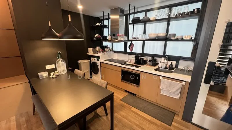 Kitchen features: black cabinetry, white countertop, stainless-steel sink, chrome pull-down faucet, built-in oven, freestanding range oven, microwave, washing machine, open shelving, glassware on shelves, dining table with 4 chairs, pendant lighting, wood flooring; style: modern.