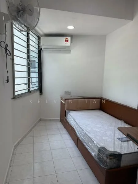 Bedroom features: single bed, wall-mounted air conditioning unit, white painted walls, tile flooring, window with metal grille, built-in wooden bed frame, small side table, ceiling light; style: modern.