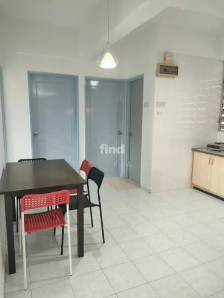 Dining features: square dining table with black legs, 4 dining chairs in black and red, white tiled flooring, white painted walls, hanging pendant light, air conditioning unit on wall, kitchen cabinetry visible in background, doorways leading to other rooms; style: modern.
